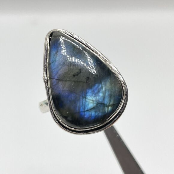 Pear Teardrop Cut Labradorite Silver Plated Ring Sz 9.5 Boho Statement - Picture 2 of 6